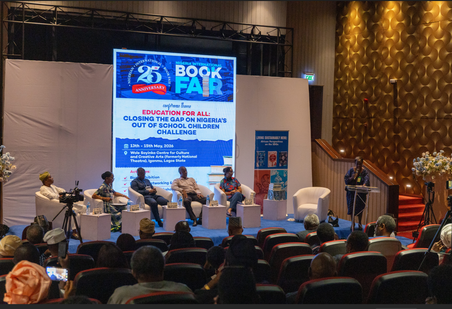Prof. Rasheed Olaniyi, Sade Marriott, Dr. Wale Okediran, Richard Mammah, Ore Lesi & Olatoun Gabi-Williams at the podium delivering her Welcome Address